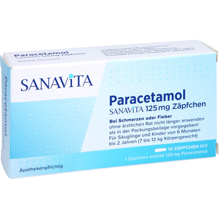 Paracetamol SANAVITA 125 mg Zäpfchen - für Säuglinge ab 6 Monate und Kleinkinder bis 2 Jahre (7 bis 12 kg Körpergewicht), 10 pcs. Suppositories