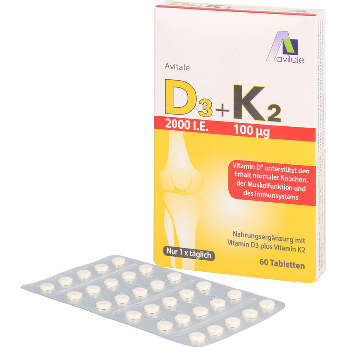 Avitale Vitamin D3 + K2 2000 I.E. Tabletten unterstützt den Erhalt normaler Knochen, der Muskelfunktion und des Immunsystem, 60 St. Tabletten