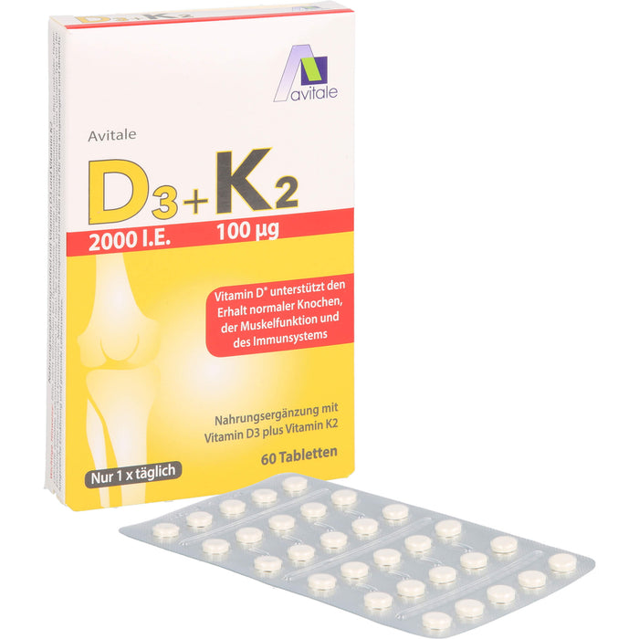 Avitale Vitamin D3 + K2 2000 I.E. Tabletten unterstützt den Erhalt normaler Knochen, der Muskelfunktion und des Immunsystem, 60 St. Tabletten