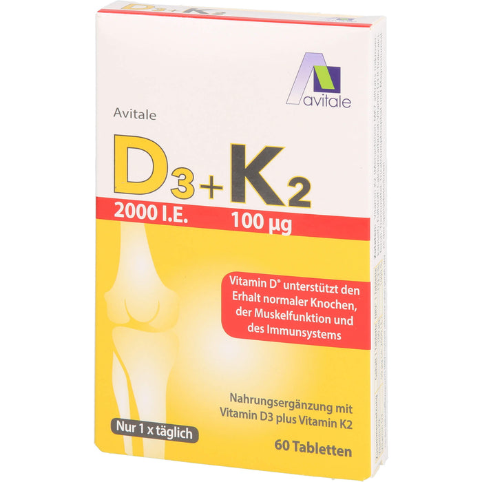 Avitale Vitamin D3 + K2 2000 I.E. Tabletten unterstützt den Erhalt normaler Knochen, der Muskelfunktion und des Immunsystem, 60 St. Tabletten