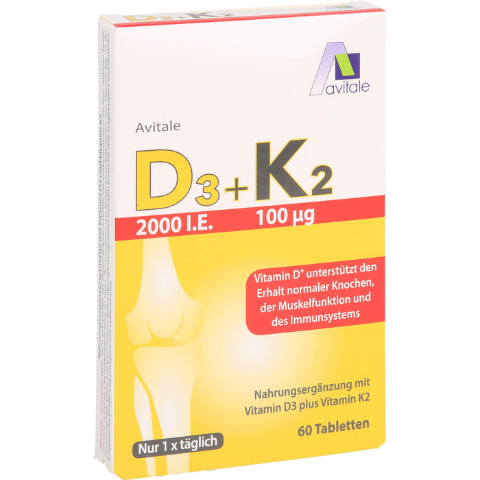 Avitale Vitamin D3 + K2 2000 I.E. Tabletten unterstützt den Erhalt normaler Knochen, der Muskelfunktion und des Immunsystem, 60 St. Tabletten