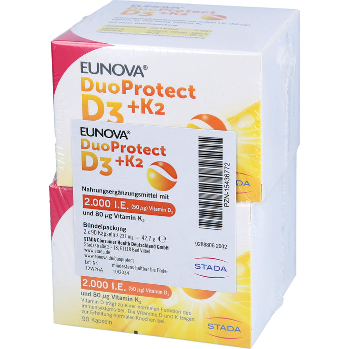 EUNOVA DuoProtect D3 + K2 2000IE / 80UG zur normalen Funktion des Immunsystems & Erhaltung normaler Knochen, 180 pcs. Capsules