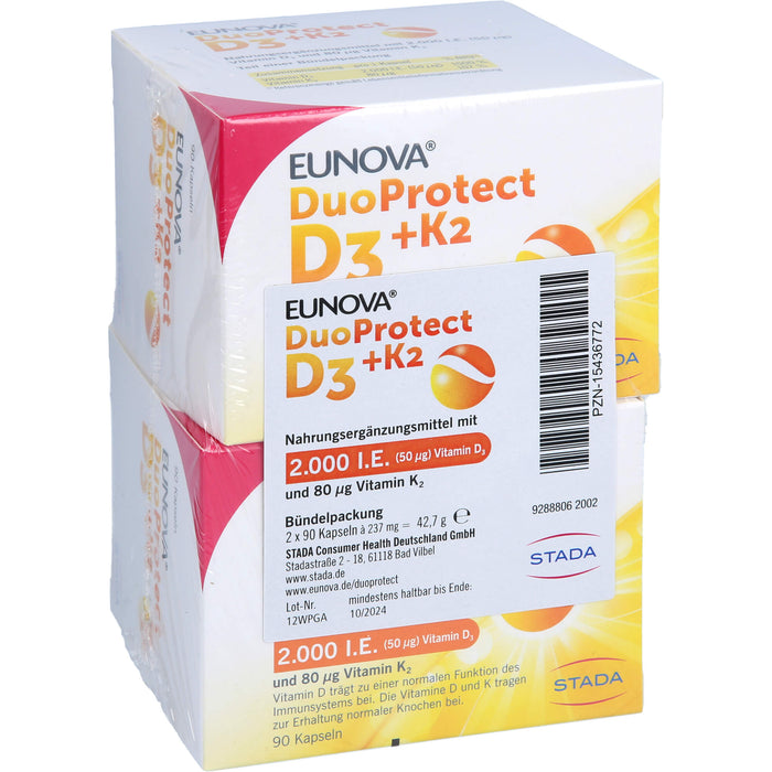 EUNOVA DuoProtect D3 + K2 2000IE / 80UG zur normalen Funktion des Immunsystems & Erhaltung normaler Knochen, 180 pcs. Capsules