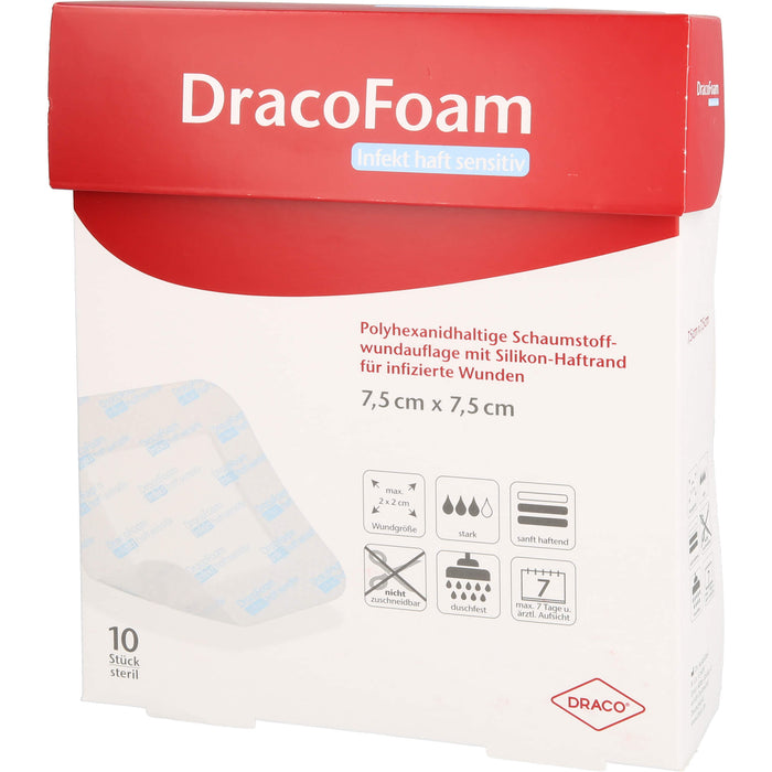 DracoFoam Infekt haft sensitiv 7,5 x 7,5 cm Schaumstoffwundauflage mit Silikon-Haftrand, 10 pc Pansements