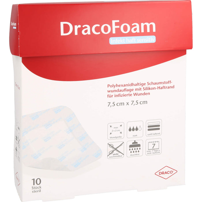 DracoFoam Infekt haft sensitiv 7,5 x 7,5 cm Schaumstoffwundauflage mit Silikon-Haftrand, 10 pc Pansements