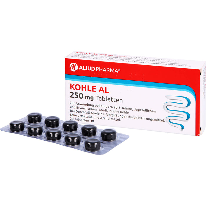 Kohle AL 250 mg Tabletten bei Durchfall, 20 pcs. Tablets