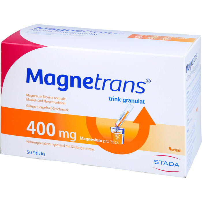 Magnetrans 400 mg Magnesium Trinkgranulat mit Orange-Grapefruit Geschmack für eine normale Muskel- und Nervenfunktion, 50 pc Sachets