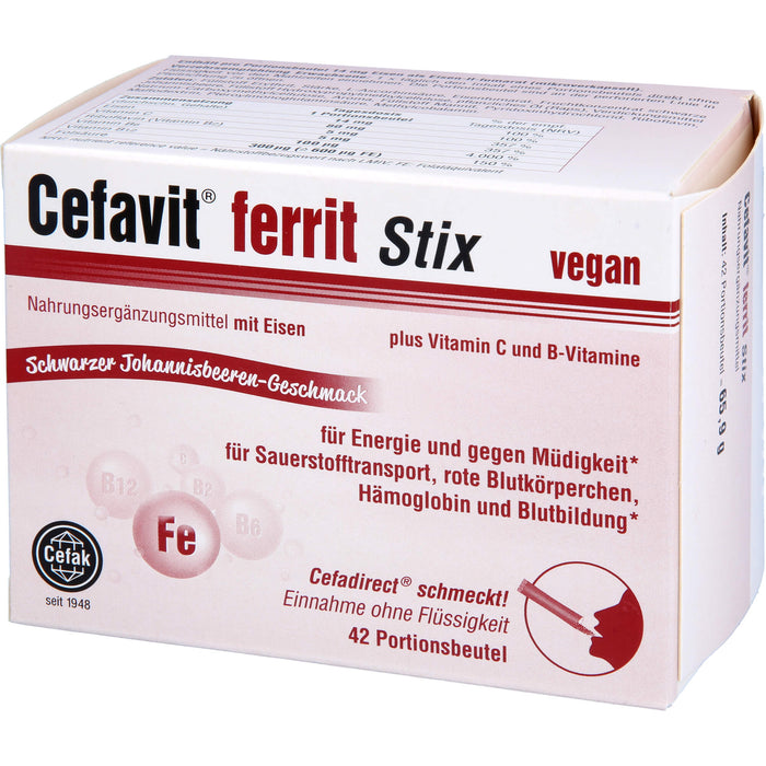 Cefavit ferrit Stix Pulver für Energie und gegen Müdigkeit mit schwarzem Johannisbeeren-Geschmack, 42 St. Beutel