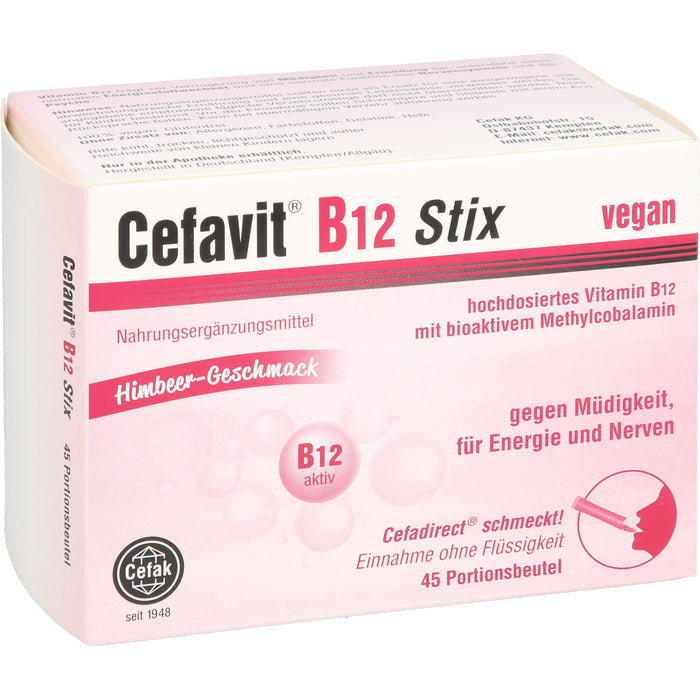 Cefavit B12 Stix gegen Müdigkeit, für Energie und Nerven mit Himbeer-Geschnmack, 45 St. Beutel