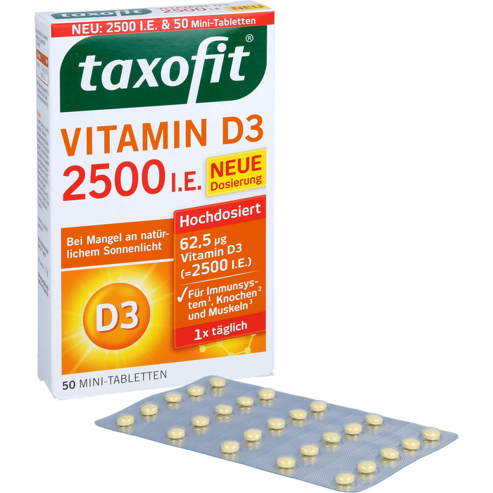 Taxofit Vitamin D3 2500 I.E. Mini-Tabletten für Abwehrkräfte und Immunsystem, 50 pcs. Tablets