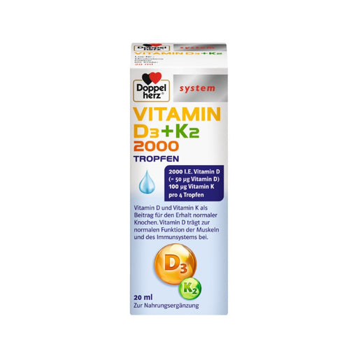 Doppelherz Vitamin D3 2000 + K2 Tropfen für den Erhalt normaler Knochen, 20 ml Lösung
