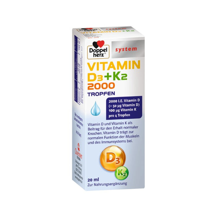 Doppelherz Vitamin D3 2000 + K2 Tropfen für den Erhalt normaler Knochen, 20 ml Lösung
