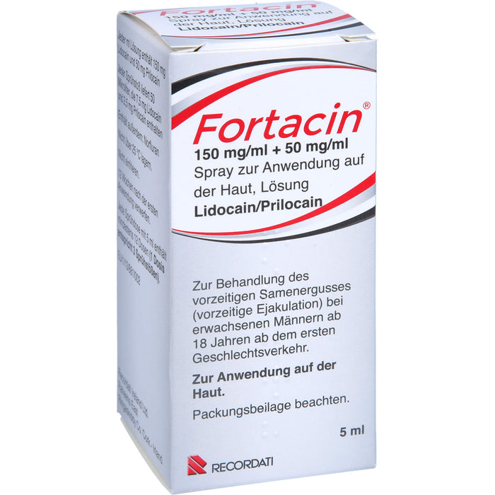 Fortacin 150 mg/ml Lidocain 50 mg/ml Prilocain Spray zur Behandlung von vorzeitigem Samenerguss bei erwachsenen Männern, 5 ml Solution