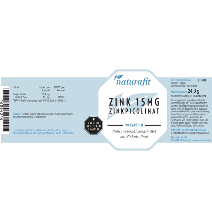 naturafit Zink 15 mg Zinkpicolinat, 90 pcs. Capsules