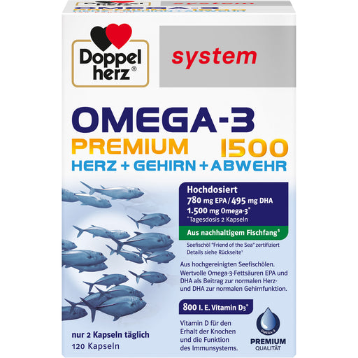 Doppelherz system Omega-3 Premium 1500 Herz + Gehirn + Abwehr Kapseln, 120 St. Kapseln