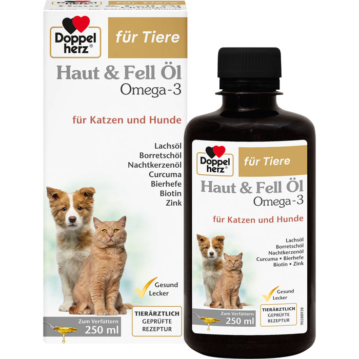Doppelherz Haut & Fell Öl Omega 3 für Katzen + Hunde zur Unterstützung der Hautfunktion bei Dermatose und übermäßigem Haarausfall, 250 ml Lösung