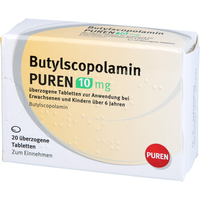 PUREN Butylscopolamin 10 mg Tabletten zur Linderung von Krämpfen in den Muskeln von Magen und Darm, 20 pc Tablettes