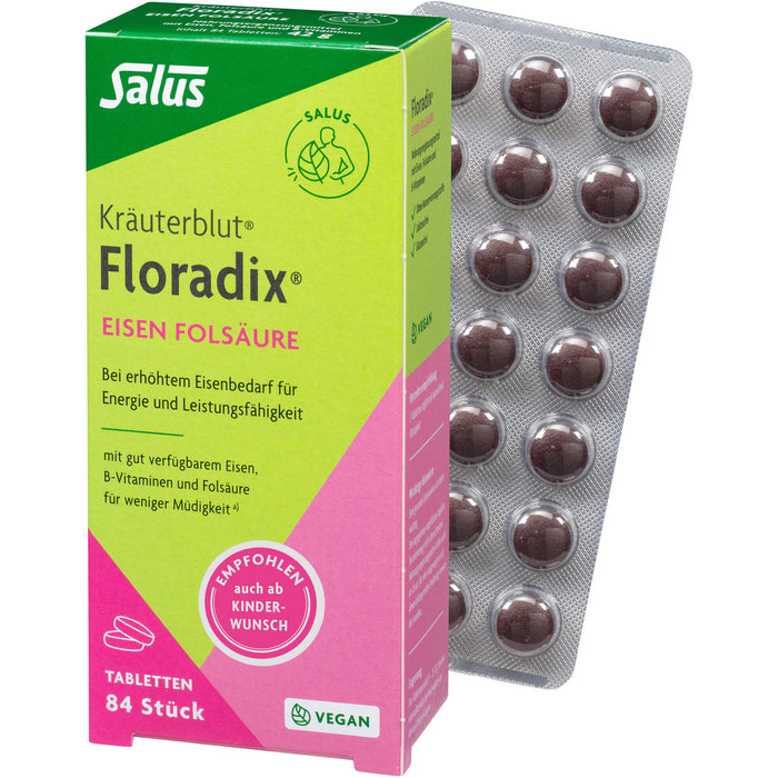 Salus Kräuterblut Floradix Tabletten mit Eisen und Folsäure für Energie und Leistungsfähigkeit, 84 pcs. Tablets