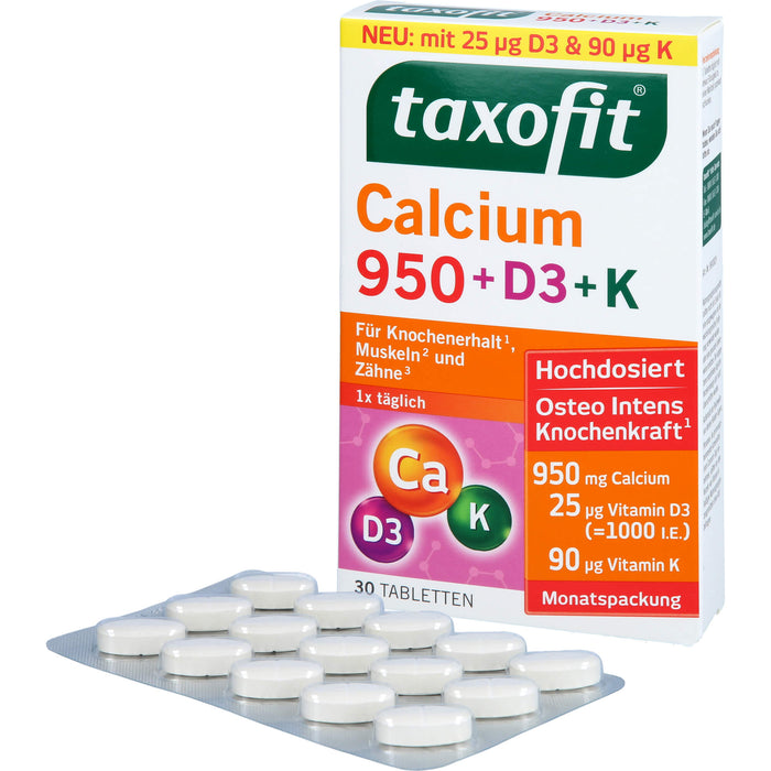 Taxofit Calcium 950 + D3 + K Tabletten für Knochenerhalt, Muskeln und Zähne, 30 pc Tablettes