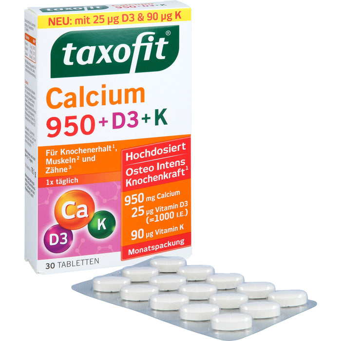Taxofit Calcium 950 + D3 + K Tabletten für Knochenerhalt, Muskeln und Zähne, 30 pc Tablettes
