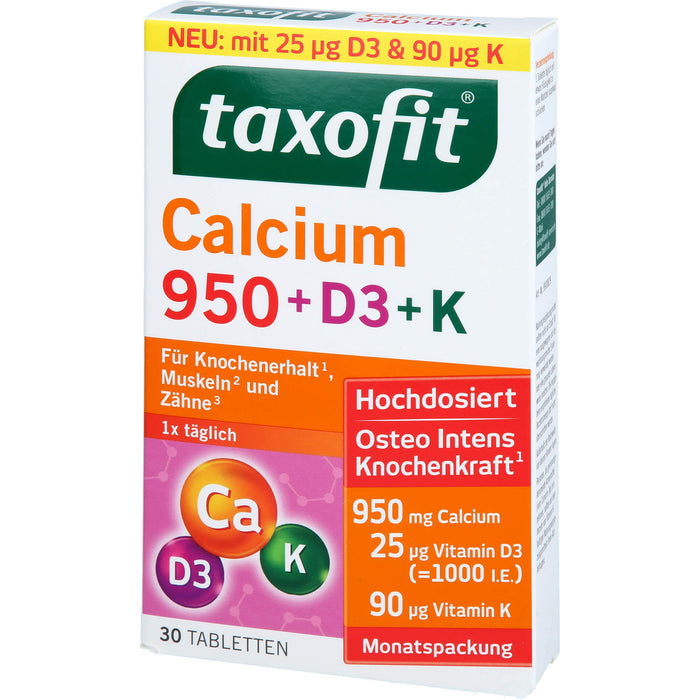 Taxofit Calcium 950 + D3 + K Tabletten für Knochenerhalt, Muskeln und Zähne, 30 pc Tablettes