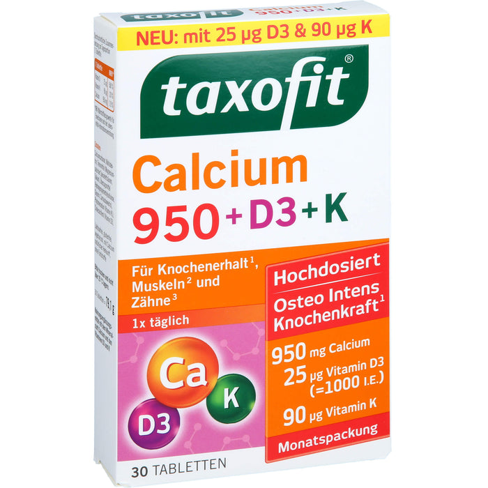 Taxofit Calcium 950 + D3 + K Tabletten für Knochenerhalt, Muskeln und Zähne, 30 pc Tablettes