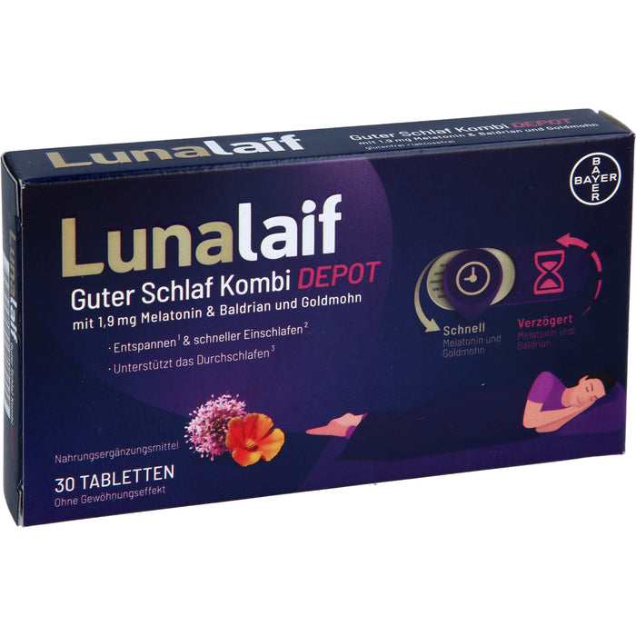 Lunalaif Guter Schlaf Kombi Depot Tabletten mit 1,9 mg Melatonin, Baldrian und Goldmohn, 30 pcs. Tablets