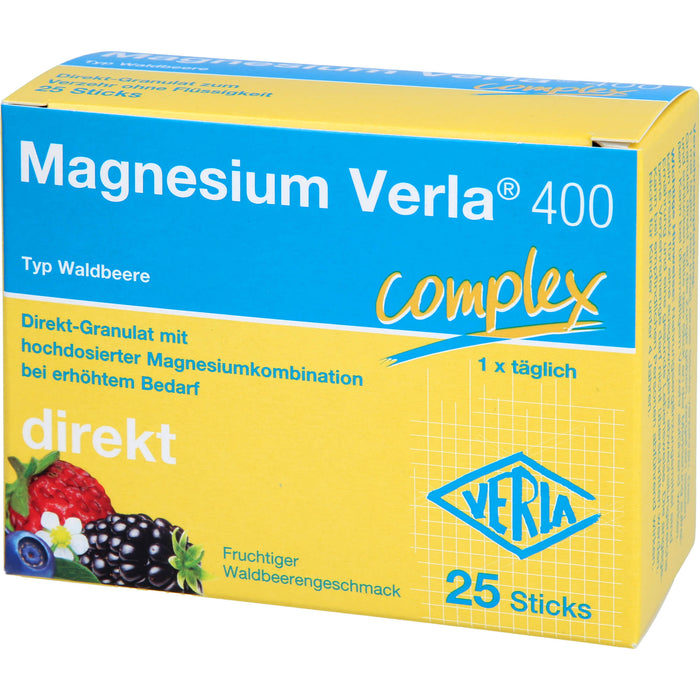 Magnesium Verla 400 Complex Direk-Granulat mit fruchtigem Waldbeerengeschmack, 25 pc Bâtonnets