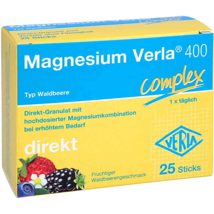 Magnesium Verla 400 Complex Direk-Granulat mit fruchtigem Waldbeerengeschmack, 25 pc Bâtonnets