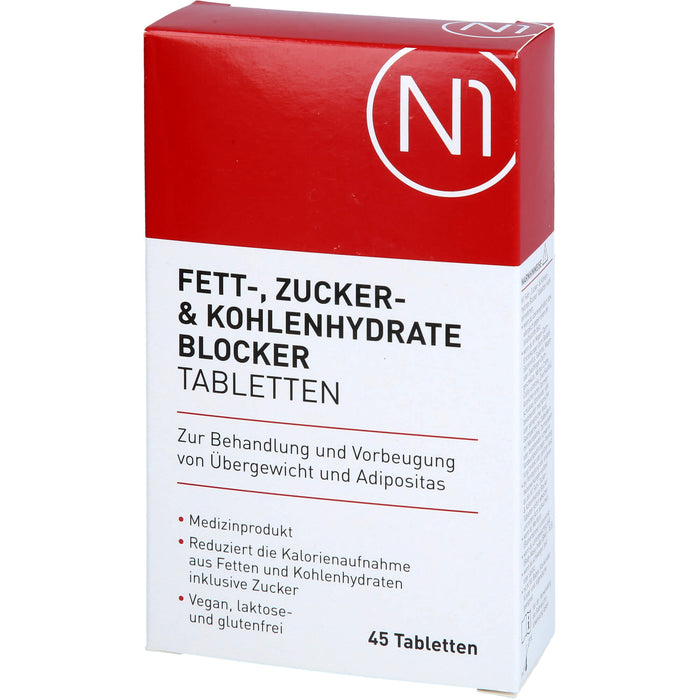 N1 Fett- Zucker- & Kohlenhydrate Blocker Tabletten zur Behandlung und Vorbeugung von Übergewicht und Adipositas, 45 pc Tablettes