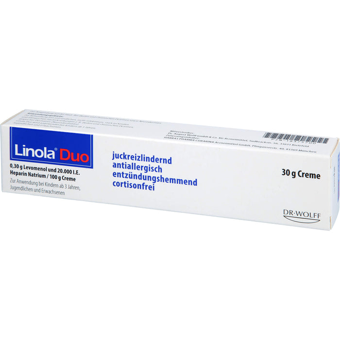 Linola Duo 0,30 g Levomenol und 20.000 I.E. Heparin Natrium Creme gegen Juckreiz bei Neurodermitis und Ekzemen, 30 g Cream