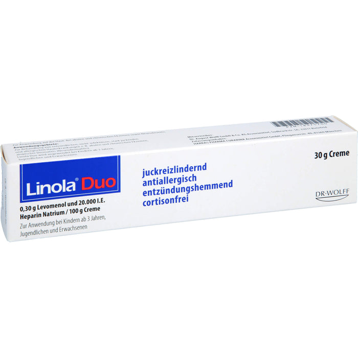 Linola Duo 0,30 g Levomenol und 20.000 I.E. Heparin Natrium Creme gegen Juckreiz bei Neurodermitis und Ekzemen, 30 g Cream