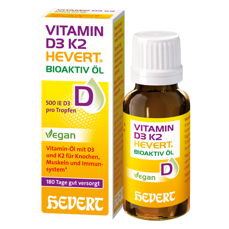 Vitamin D3 K2 HEVERT Bioaktiv Öl für gesunde Knochen und Muskeln sowie ein aktives Immunsystem, 20 ml Öl