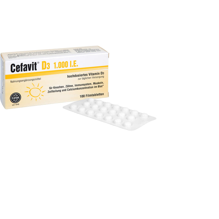 Cefavit D3 1,000 I.E. Tabletten für Knochen, Zähne, Immunsystem, Muskeln und Calciumkonzentration im Blut, 100 pcs. Tablets