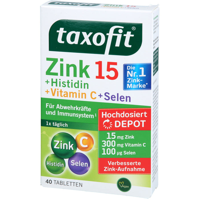 Taxofit Zink + Histidin + Vitamin C + Selen Depot Tabletten für Abwehrkräfte und Immunsystem, 40 pc Tablettes