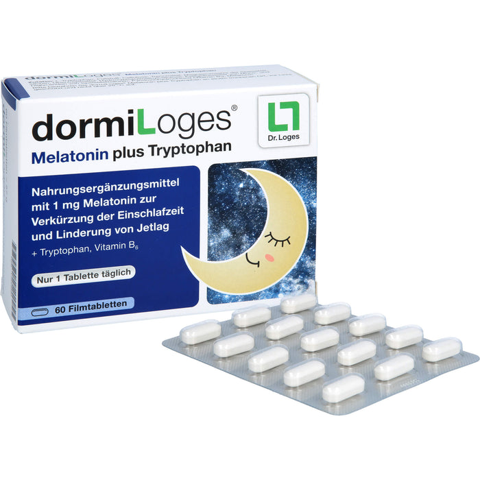 DormiLoges 1 mg Melatonin plus Tryptophan Filmtabletten zur Verkürzung der Einschlafzeit, 60 pc Tablettes