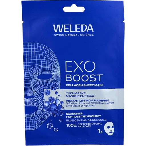 WELEDA Exo Boost Tuchmaske Blauer Enzian & Edelweiss mit Collagen & Exosomen, 20 ml Gesichtsmaske
