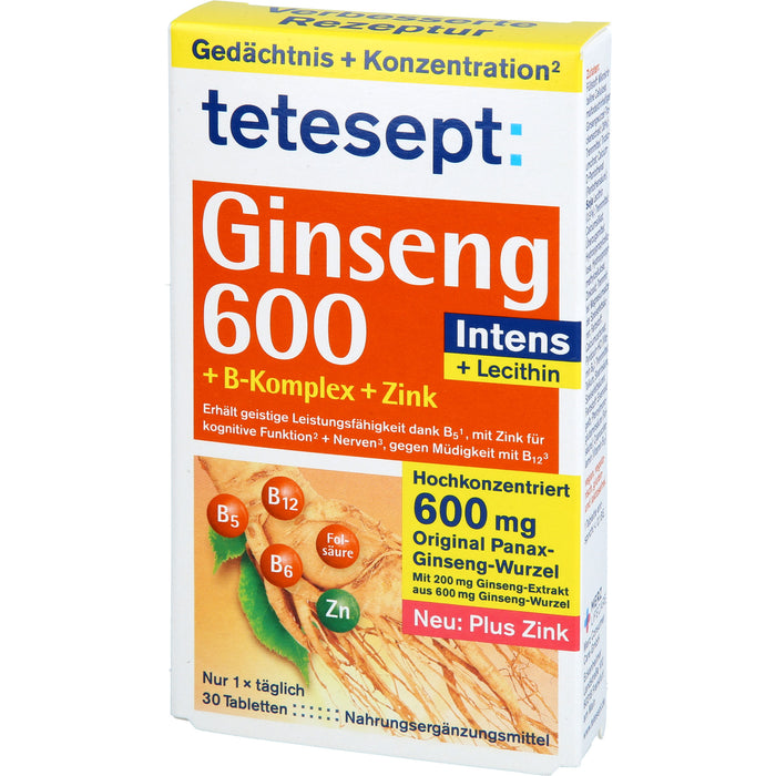 Tetesept Ginseng 600 Intens + B-Komplex + Zink Tabletten, 30 St. Tabletten