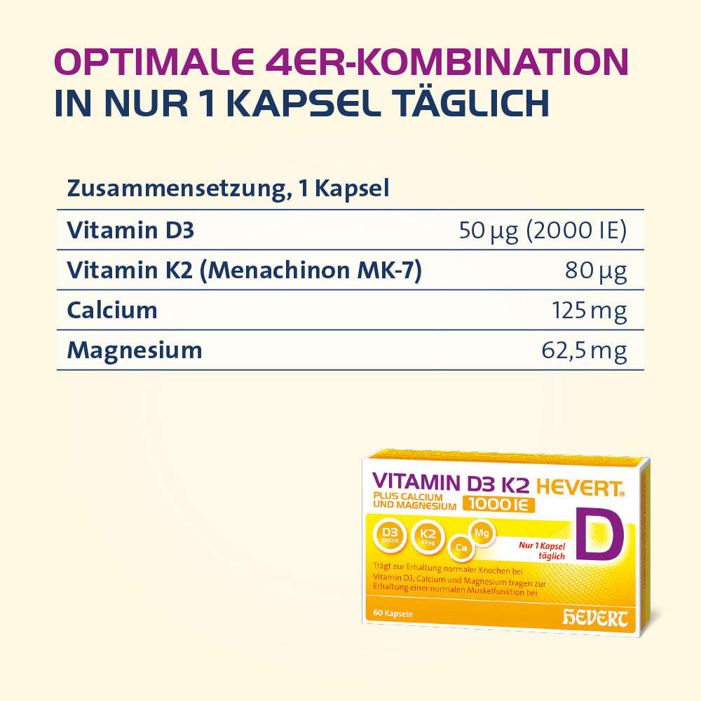 Vitamin D3 K2 Hevert plus Calcium und Magnesium 2000 IE, 60 St. Kapseln Hevert-Testen
