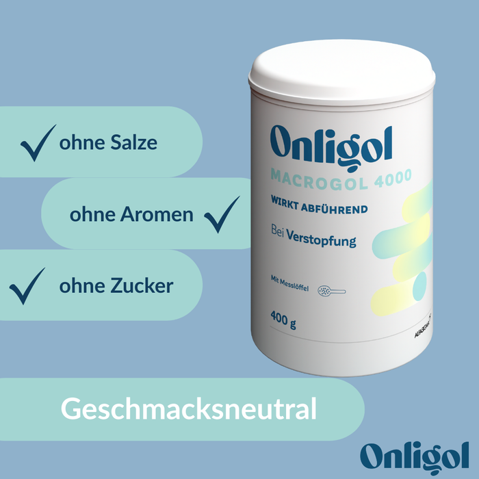Onligol Macrogol 4000 - Sanfte, effektive Hilfe bei Verstopfung und Obstipation - mit Macrogol 4000 - ohne Zusatzstoffe & Zucker, 400 g Powder