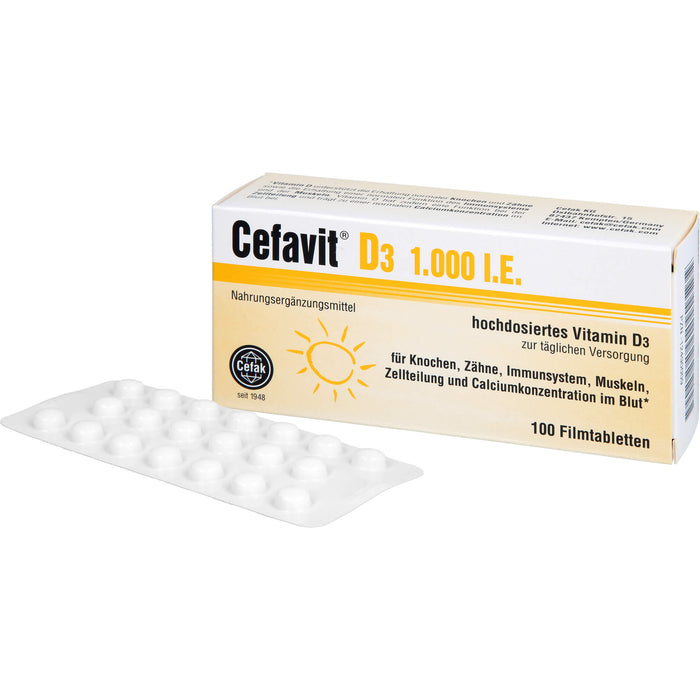Cefavit D3 1,000 I.E. Tabletten für Knochen, Zähne, Immunsystem, Muskeln und Calciumkonzentration im Blut, 100 pcs. Tablets