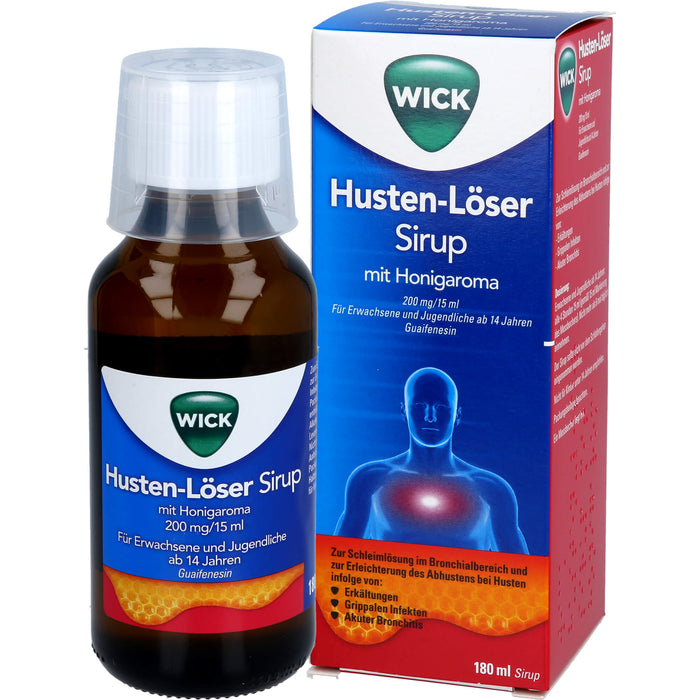 WICK Husten-Löser Sirup mit Honigaroma mit Guaifenesin zur Linderung von produktivem Husten, 180 ml Lösung