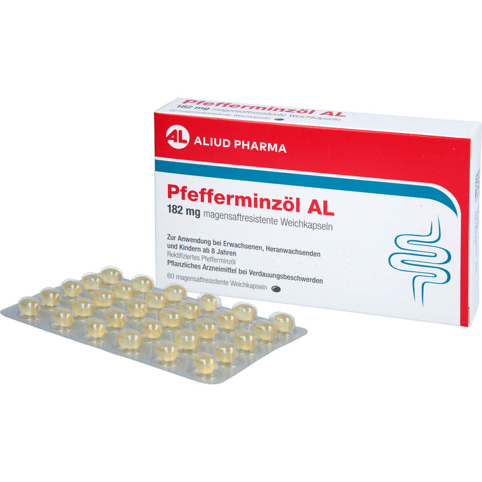 ALIUD PHARMA Pfefferminzöl 182 mg Weichkapseln zur Linderung von krampfartigen Beschwerden des Verdauungstraktes, 60 pcs. Capsules