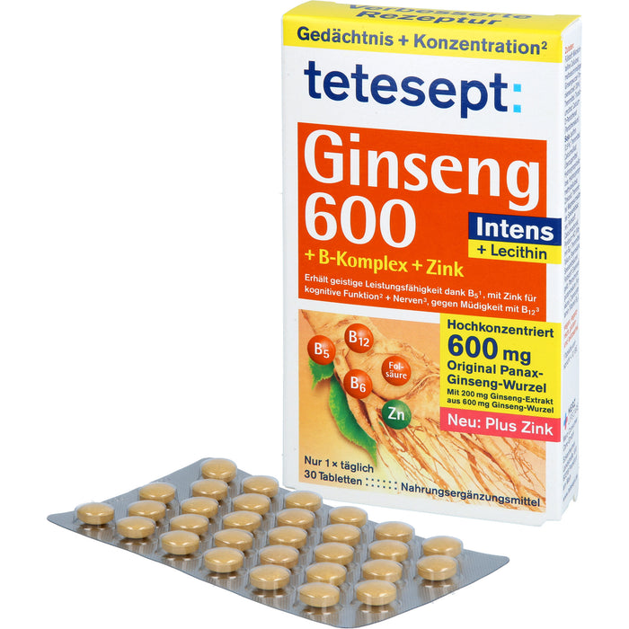 Tetesept Ginseng 600 Intens + B-Komplex + Zink Tabletten, 30 St. Tabletten