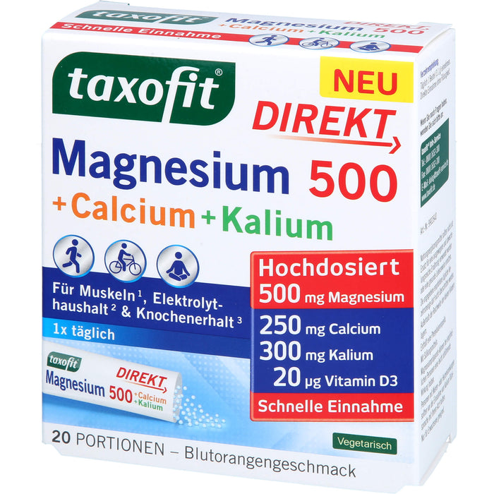 Taxofit Magnesium 500 + Calcium + Kalium Direktgranulat mit Blutorangengeschmack, 20 pc Sachets