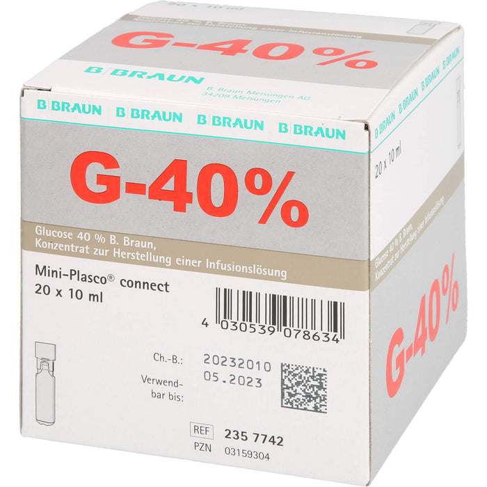 Glucose 40 % B. Braun Konzentrat zur Herstellung einer Infusionslösung, Mini Plasco connect 10 ml, 200 ml Lösung