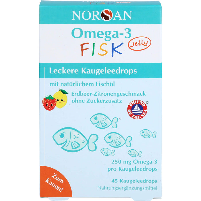 NORSAN Omega-3 FISK Jelly - für Kinder leckere Kaugeleedrops mit Erdbeer-Zitronengeschmack, 45 St. Gummidrops