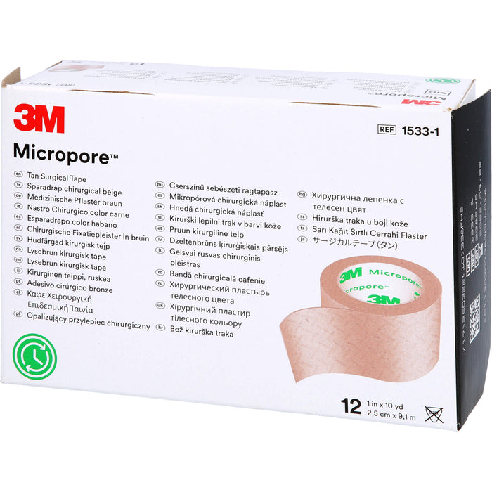 3M Micropore hypoallergenes Vliespflaster 2,5 cm x 9,1 m hautfarben, 12 pc Pansement