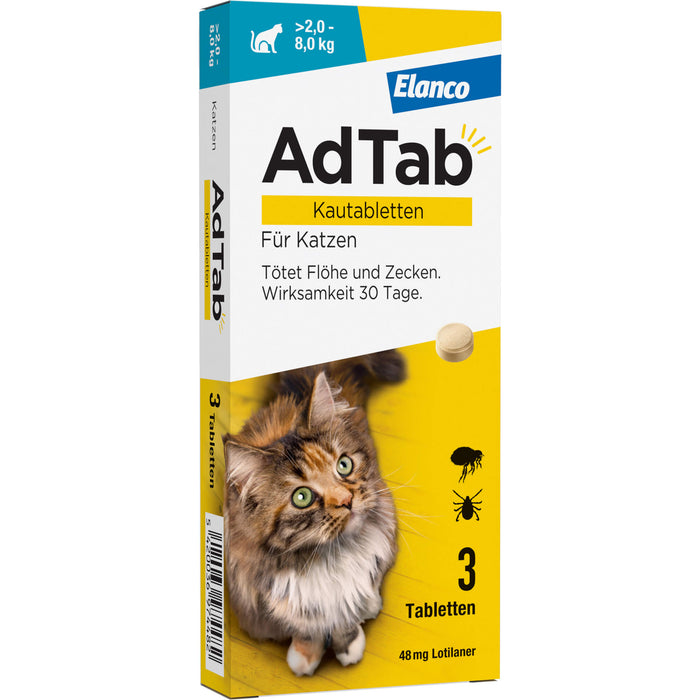 AdTab Kautabletten für Katzen über 2 bis 8 kg gegen Zecken und Flöhe, 3 pc 