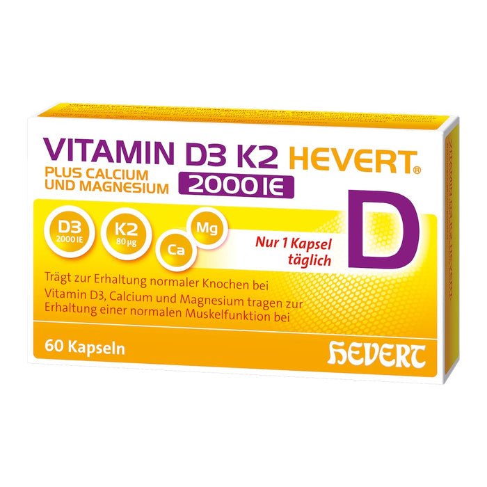 Vitamin D3 K2 Hevert plus Calcium und Magnesium 2000 IE, 60 St. Kapseln